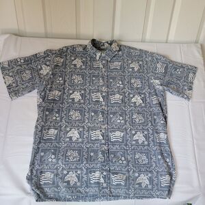 Reyn Spooner Vintage Hawaiian Aloha Shirt XL Blue White Cotton Button Front